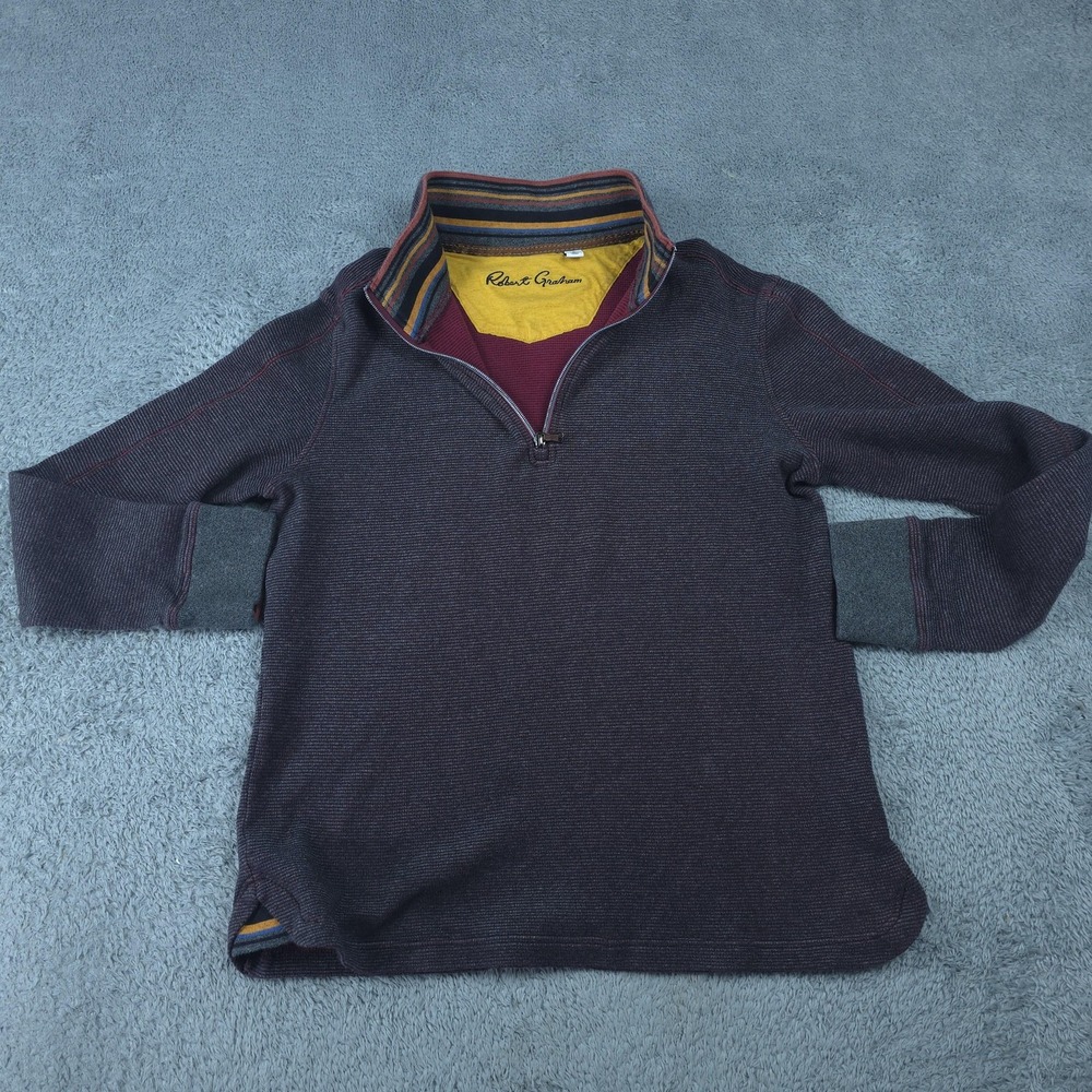 Robert Graham Sweater Mens Large Red Striped 1/4 Zip Mock Neck Waffle Knit